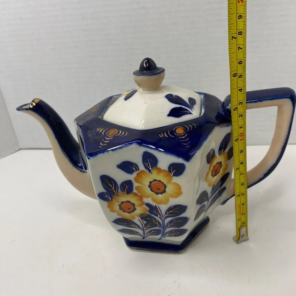 Moriyama ceramic hexagonal teapot with lid cobalt blue floral hand painted Japan